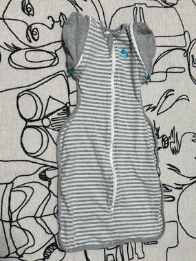 Love to Dream Gray and White Striped Sleep Sack with Teal Heart Logo